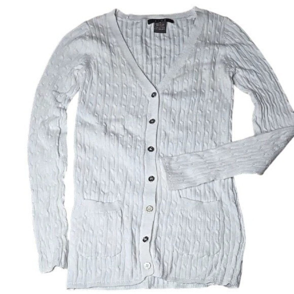 Link Cable Knit Cardigan Pockets Preppy Classic‎ Academia Knitwear, White, Small
